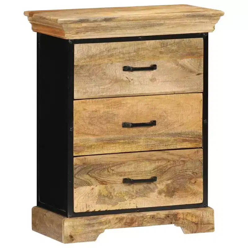 3-Drawer Chest of Drawers, Brown, Solid Mango Wood with Black Iron Accents