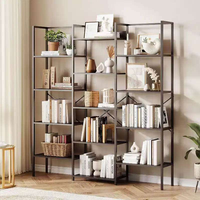 5-Tier Triple-Column Bookcase, 14 Adjustable Shelves, 100LB/Shelf, Steel Frame & Particle Board (Black/Brown)