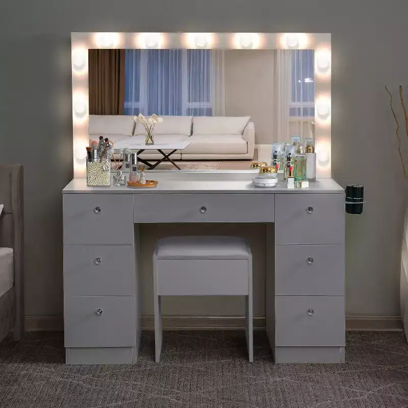 Vanity Table with Mirror, LED Lights, 7 Drawers & Stool