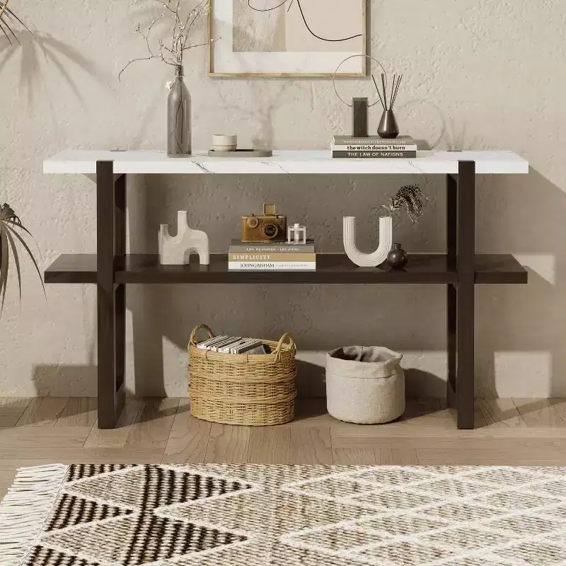 MAYEERTY Console Table with Marble Effect Top Open Shelf For Hallway Living Room Espresso