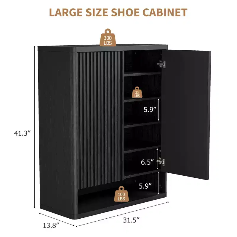 31.5'' Shoe Cabinet, Large Shoe Storage Cabinet with Adjustable Shelves, Wooden Shoe Organizer with Fluted Door for Entryway & Living Room
