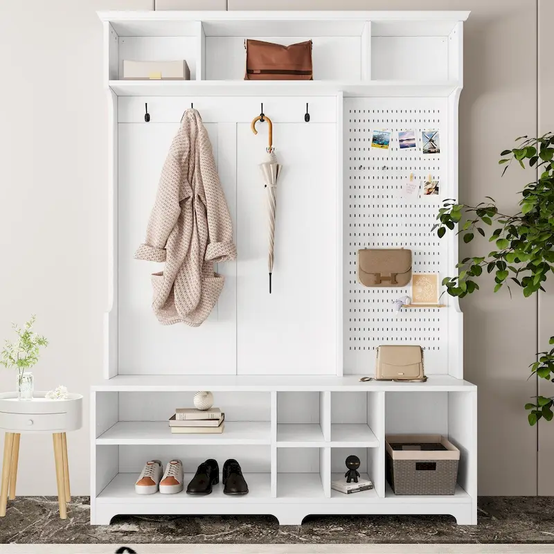 Hall Tree with Shoe Bench, Coat Rack ,Shoe Storage ,Storage Shelves and Pegboard, for Hallways, Halls and Bedrooms, Black