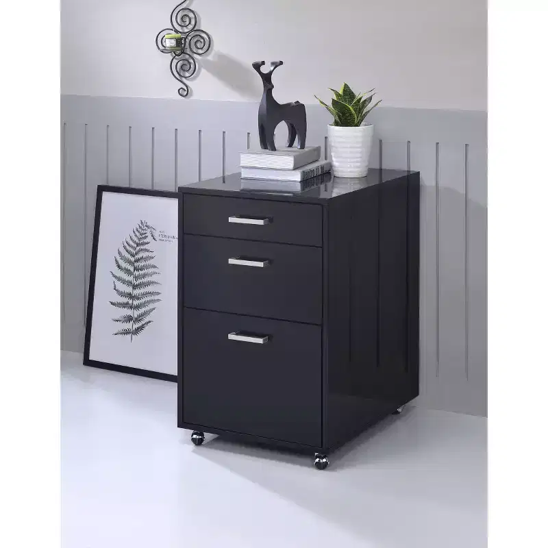 3-Drawer File Cabinet Black High Gloss Chrome Finish Modern Home Office Storage