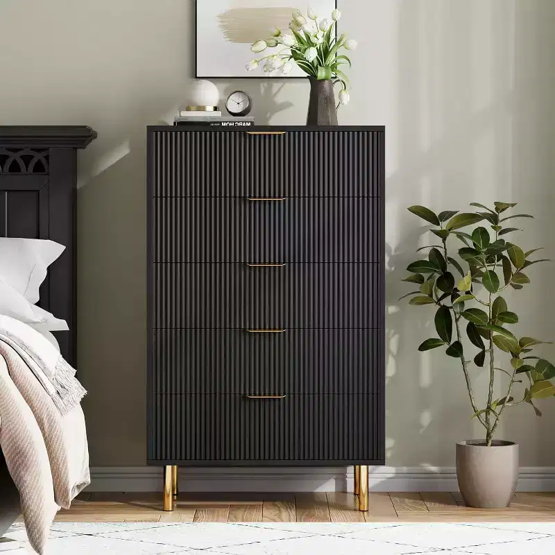 Zstar 5 Drawer Dresser for Bedroom, with Gold Metal Handles