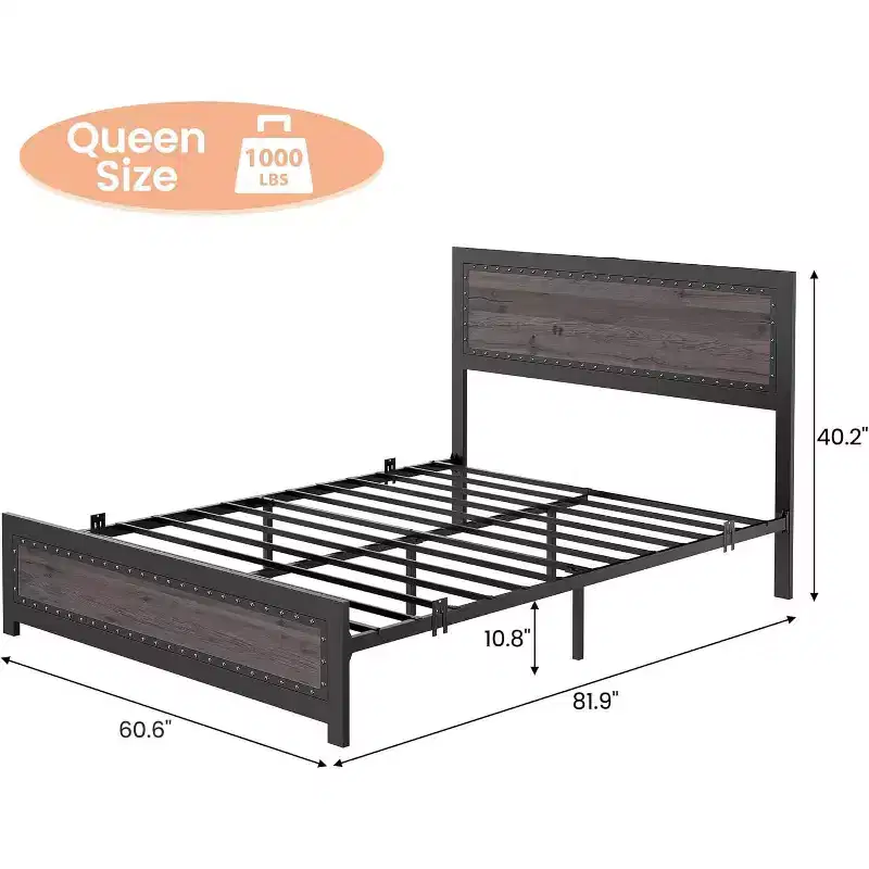 Platform Bed Frame with Elegant, Stylish Headboard, Underbed Storage, No Box Spring Required, Easy Assembly, Heavy-Duty Support, Gray