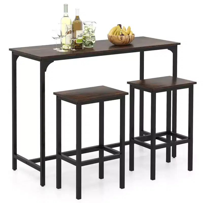 Costway 3 PCS Counter Height Table Set with Footrests Rectangular Pub Table & Chairs Brown/Gray/Black