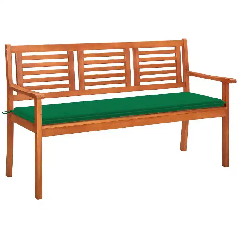 vidaXL Outdoor 3-Seater Patio Bench - Solid Eucalyptus with Cushion - Ergonomic Design - Easy-Clean Oil Finish - Green Cushion - 59.1 Width