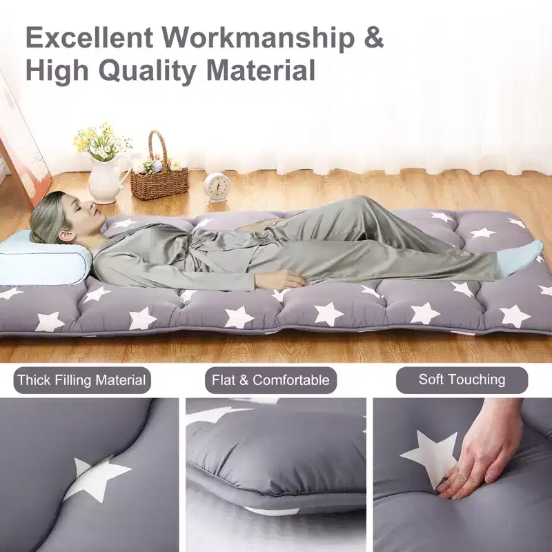 Roll-Up Japanese Futon Floor Mattress, Foldable Tatami Mat & Portable Floor Bed for Adults, Star Print