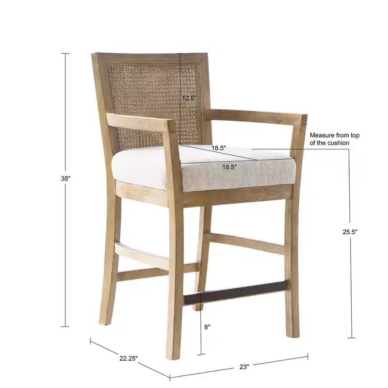 Cane Back Counter Height Barstool – Cream Seat, Reclaimed Wood Frame
