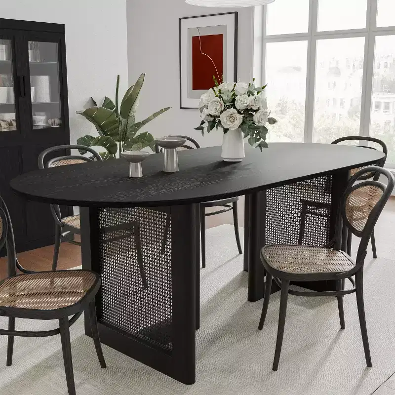 PexFix 67 x 33.5 Modern Farmhouse Kitchen Dining Room Table Furniture Oval Black Kitchen Table with Rattan Woven Legs for Kitchen Bar Living Room