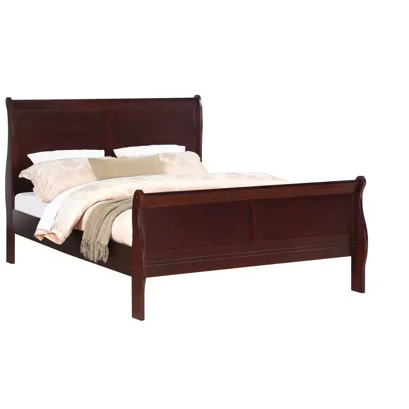 Okak 80 King Sleigh Bed Solid Wood Youth Bed Frame with Headboard/Footboard, Low Profile Safe Design for Kids Room, Cherry