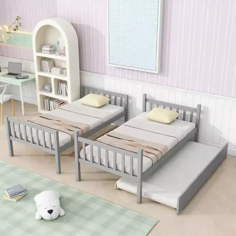Twin Over Twin Modern Wood Bunk Bed with Trundle, Convertible into 2 Beds