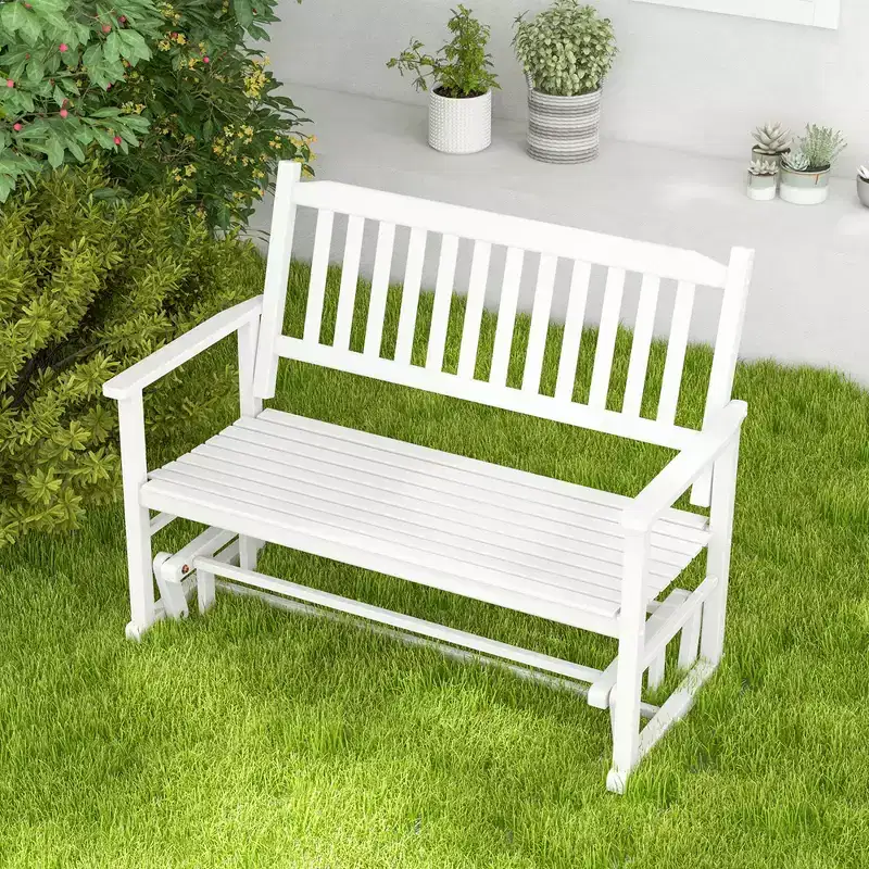 Costway Patio Glider Loveseat Chair Swing Rocking Bench with Slatted Seat & Curved Backrest White/Natural/Gray