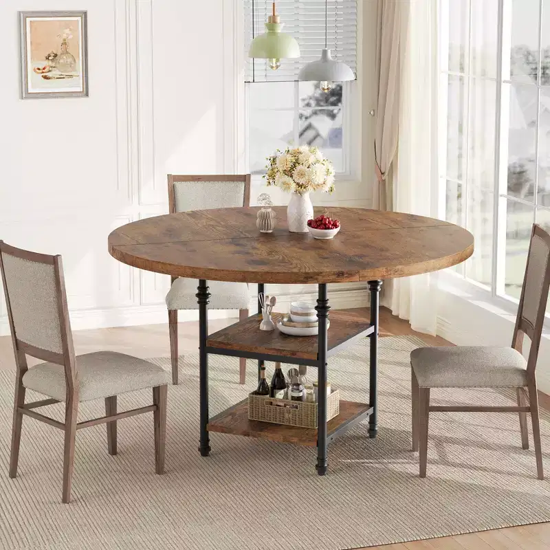 47 in Round Dining Table for 4, Wooden Kitchen Table with Storage Shelves & Roman Metal Legs for Dining Room, Kitchen, Living Room (Table Only)