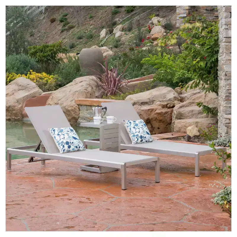 Cape Coral 3pc Mesh Patio Chaise Lounge Set with Aluminum Side Table - Gray - Christopher Knight Home: UV & Weather-Resistant Outdoor Seating