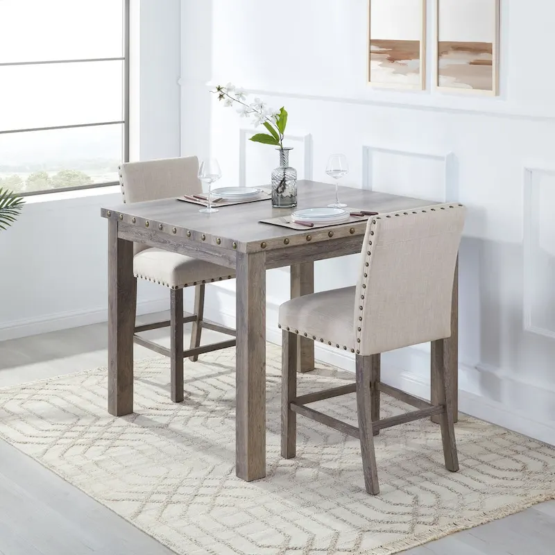 Morden Fort Farmhouse Style 3-piece Square Bar Table Set, 2 Upholstered Counter Stools with Bar Table Dining Set