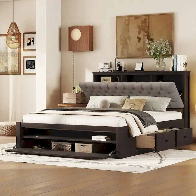 Platform Bed with Storage Headboard, shoe rack and 4 drawers