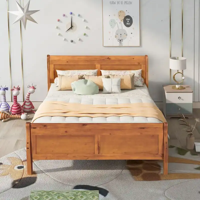 Full Size Wood Platform Bed with Headboard and Wooden Slat Support, White