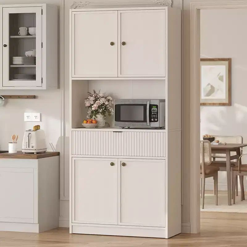 Tall Pantry Cabinet with Microwave Shelf & Drawer, 70 Kitchen Hutch Storage Cabinet with Doors, Fluted Freestanding Cupboard, for Dining Room