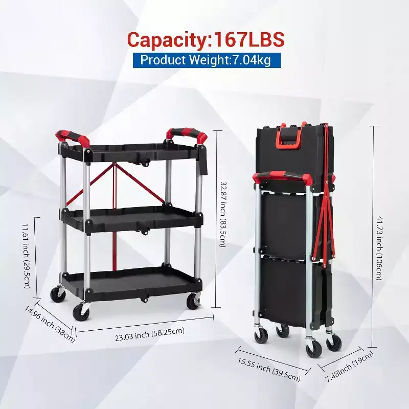 Folding Collapsible Service Cart, 3-Tier Portable Utility Rolling Cart, 56 Lb. Load Capacity per Shelf, with Wheels and Ergonomic Handle