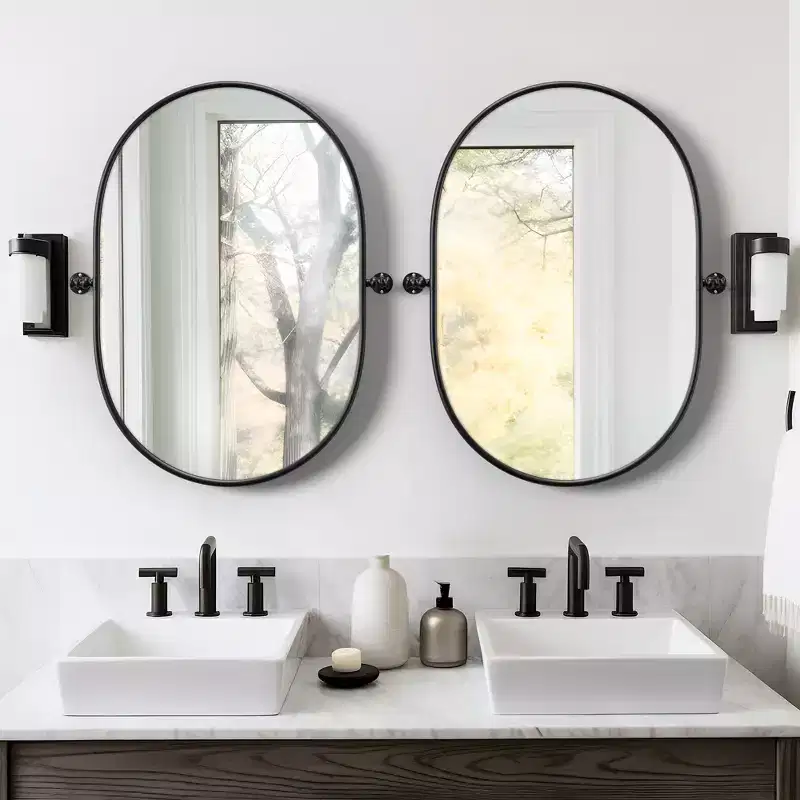 Hanging Wall Mirror with Iron Track-Shaped Frame, Black Hardware, 31x24 inches
