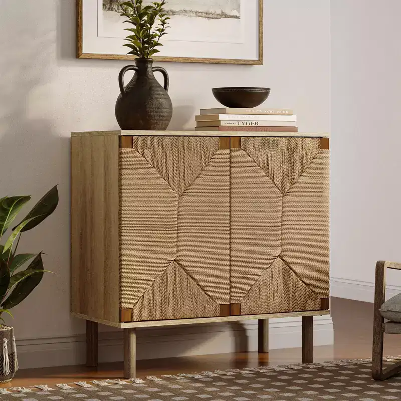 Mid-Century Modern Rope 2-Door Cabinet | Wood Legs | Adjustable Shelves | Natural