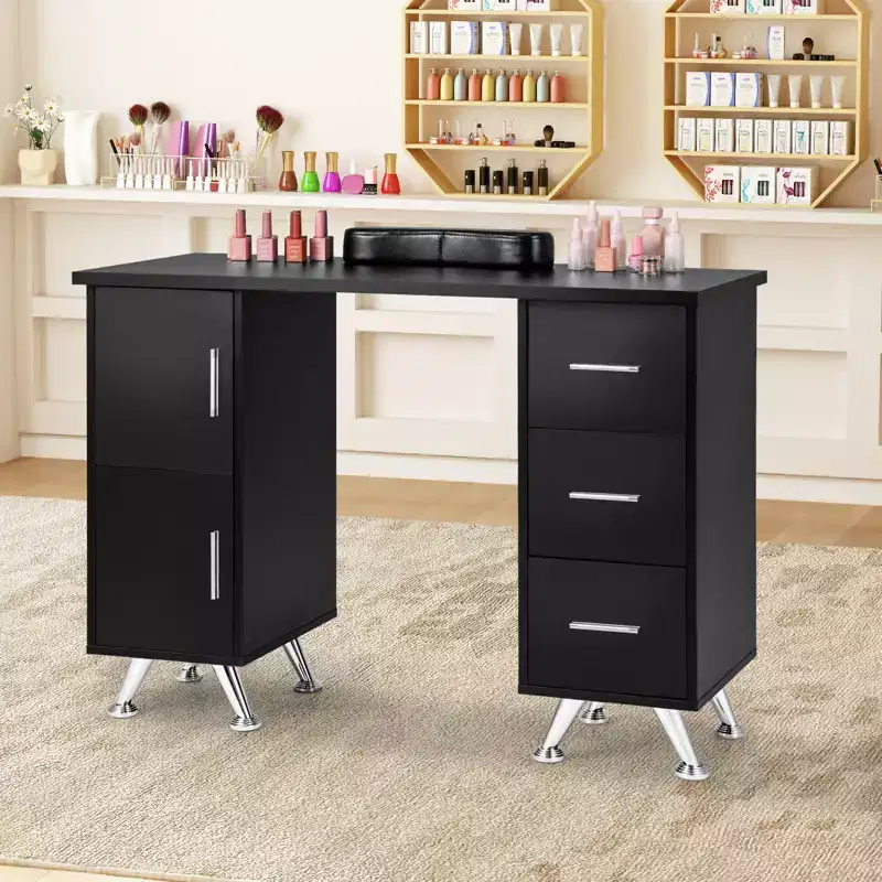 Wooden Nail Desk Station with Removable Wrist Rest, 3 Drawers & 2 Cabinets