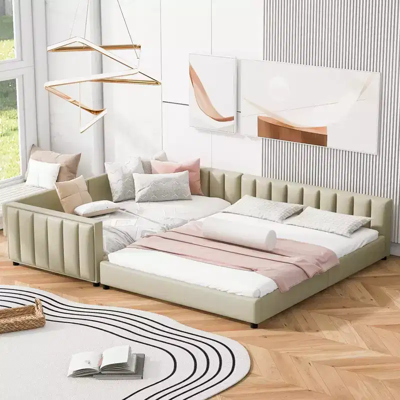 Wooden Mother & Child Bed Frame Queen and Twin XL Size Daybed, PU Leather Upholstered Grounded Platform Bed
