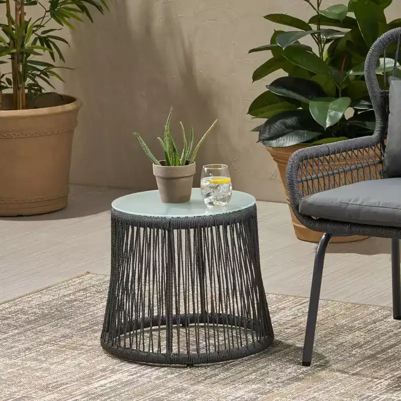 Woven Rope Side Table with Tempered Glass Top, Iron Frame Small Nightstand for Living Room Patio Bedroom