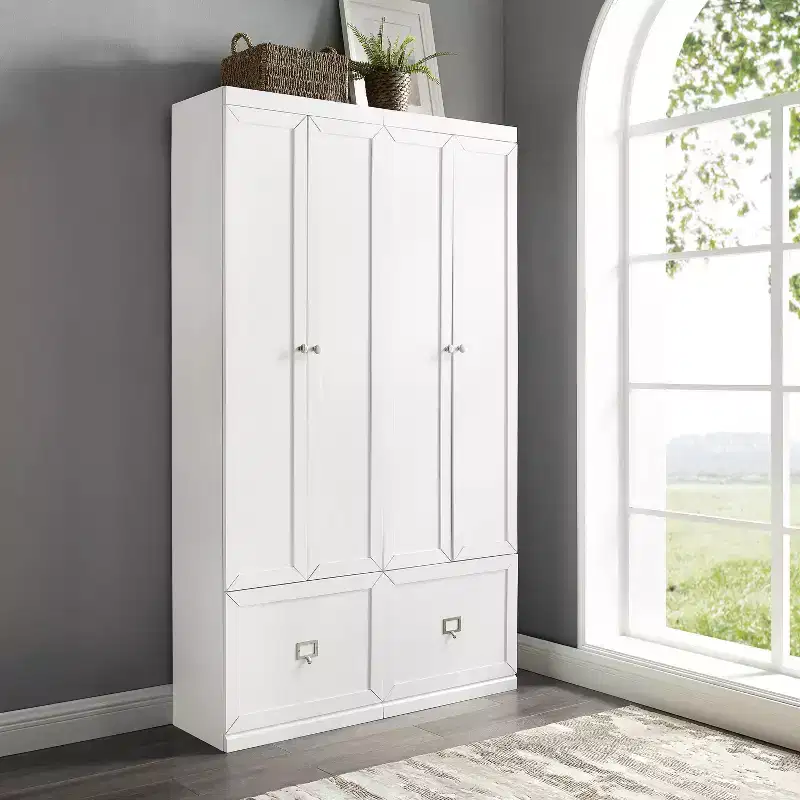 2pc Harper Entryway Pantry Closets White - Crosley: MDF Frame, Wood Veneer, 4 Doors, 2 Drawers, 6 Hooks, 74" Height
