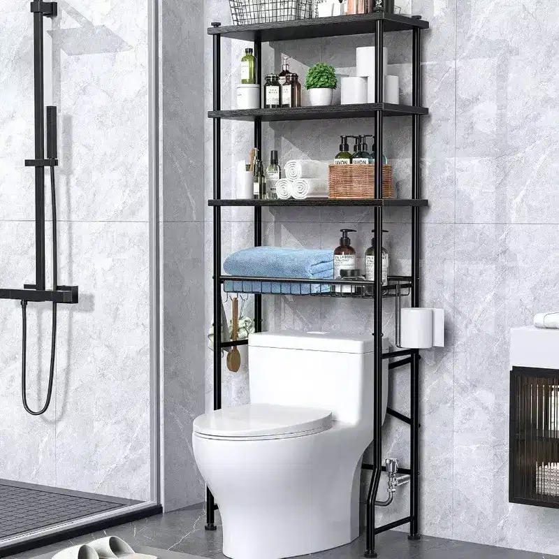 4 - Tier Over - Toilet Storage Rack Bathroom Organizer Shelf with Waterproof Feet Pad and Basket Black Multifunctional Space Saver