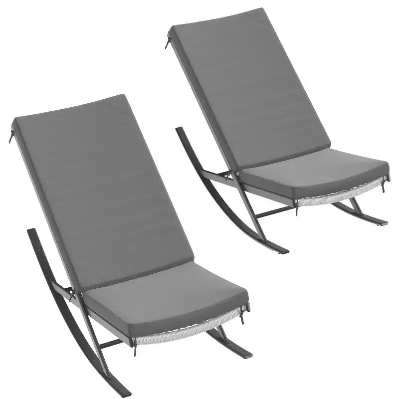 Outdoor Rocking Chairs Set of 2, Indoor Lounge Rocker Chair with Padded Cushion & Metal Frame & Rattan Seat, for Garden, Backyard, Lawn, Patio