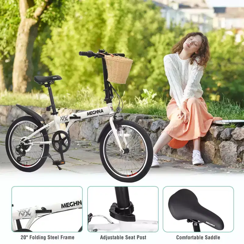 NAYSAYE 20 Inch Folding Bike for Adults with Basket Phone Holder Fenders 6 Speed Steel Frame Dual V Brakes for Men and Women, White, 61*26.38*42.13