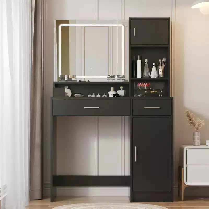 Vanity Desk with Large Rectangular Mirror, Makeup Vanity with 3 Level Storage Dresser, Compact Vanity for Bedroom, Vanity Room