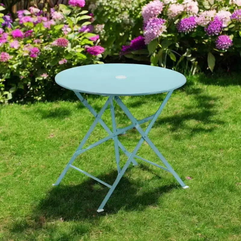 HomeRoots 30 Aqua Rounded Aluminum Folding Outdoor Bistro Table with Umbrella Hole