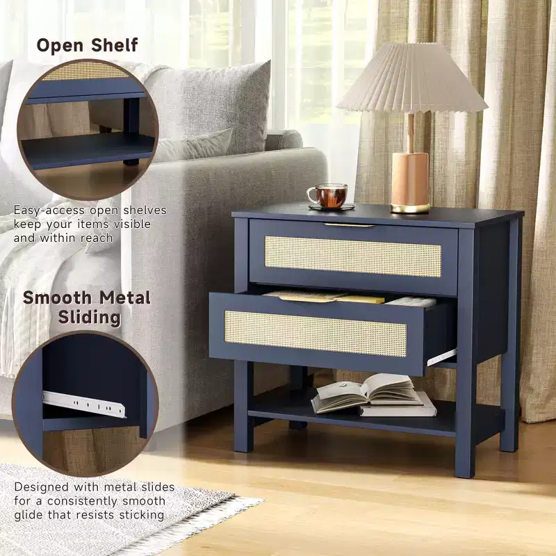 Rattan 2 Drawer Nightstand for Bedroom and Living Room