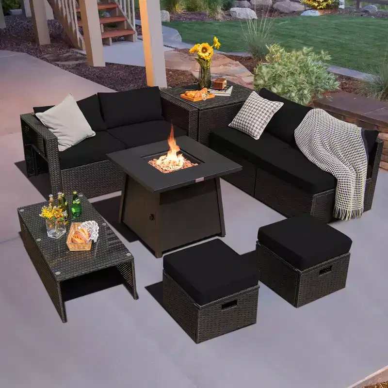 Costway 9PCS Patio Rattan Furniture Set Fire Pit Space-saving W/ Cushion cover