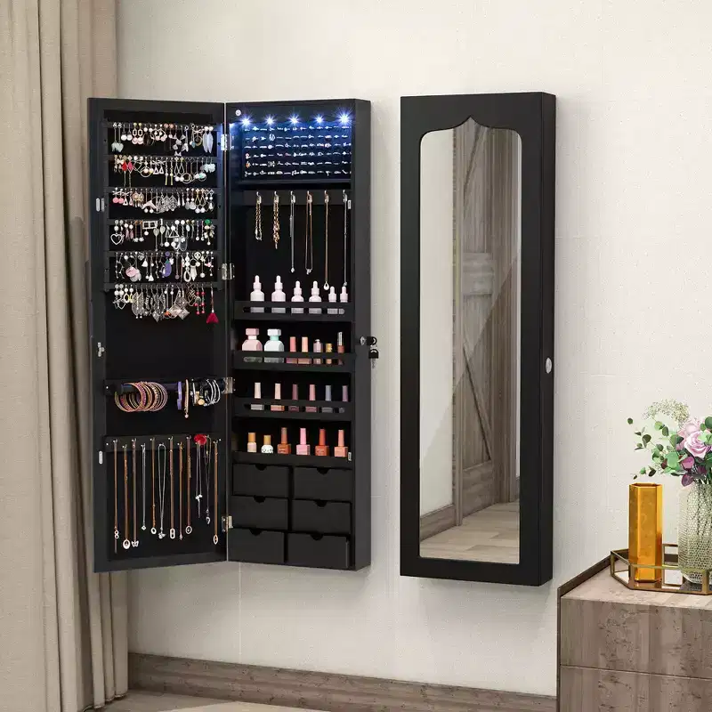 Wall Door Mounted LED Mirror Jewelry Cabinet Lockable Armoire w/6 Drawers Black