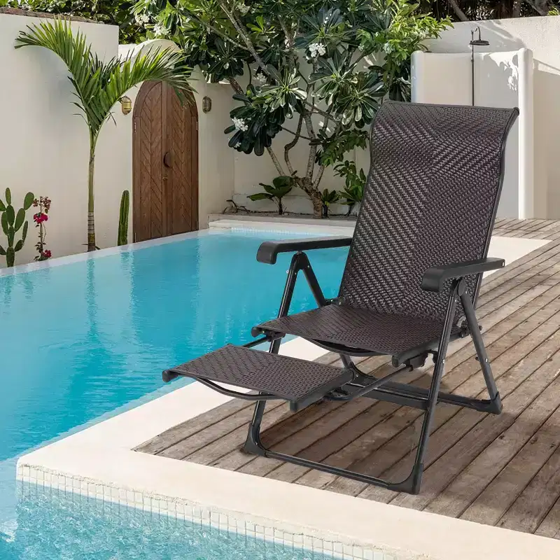 Outdoor Folding Rattan Lounge Chair, Patio Lounge Chair with Adjustable High Backrest & Reversible Out Footrest, Portable Recliners