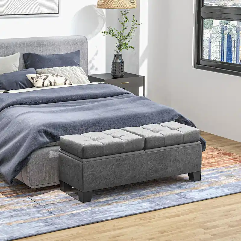 Gray Button-Tufted Storage Bench, Linen, Seats 1