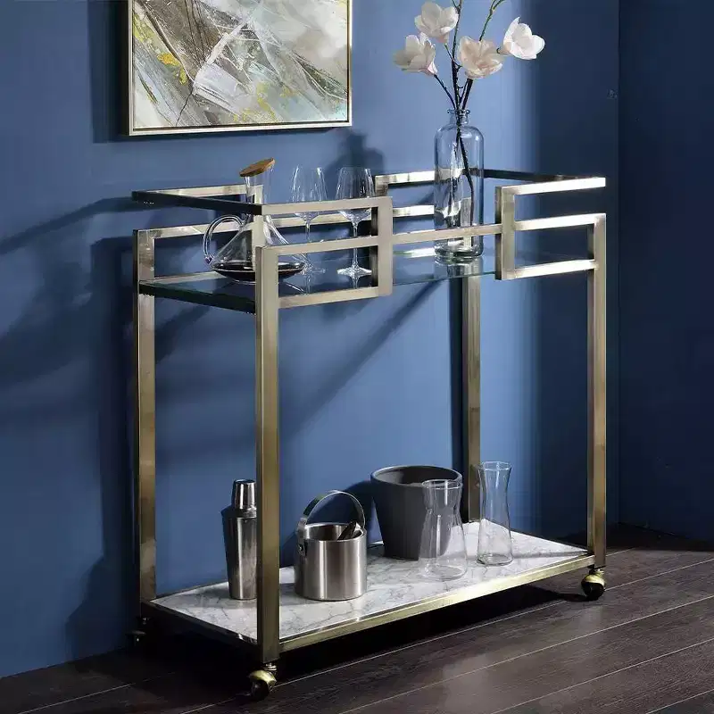 Faux Marble Top Bar Serving Cart Clear Glass/Wire Brass Finish