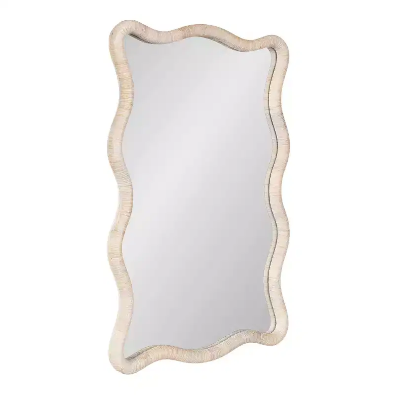 Kate and Laurel Rahfy Rattan Rectangle Scallop Mirror, White, 24x36