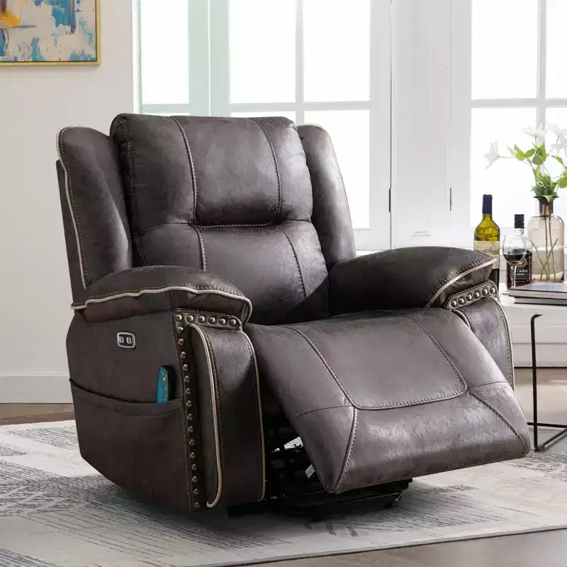 Bestier Massage & Heat Recliner Chair, Wide Leather Upholstered Swivel Lounger with Cup Holder and Pocket, Grey