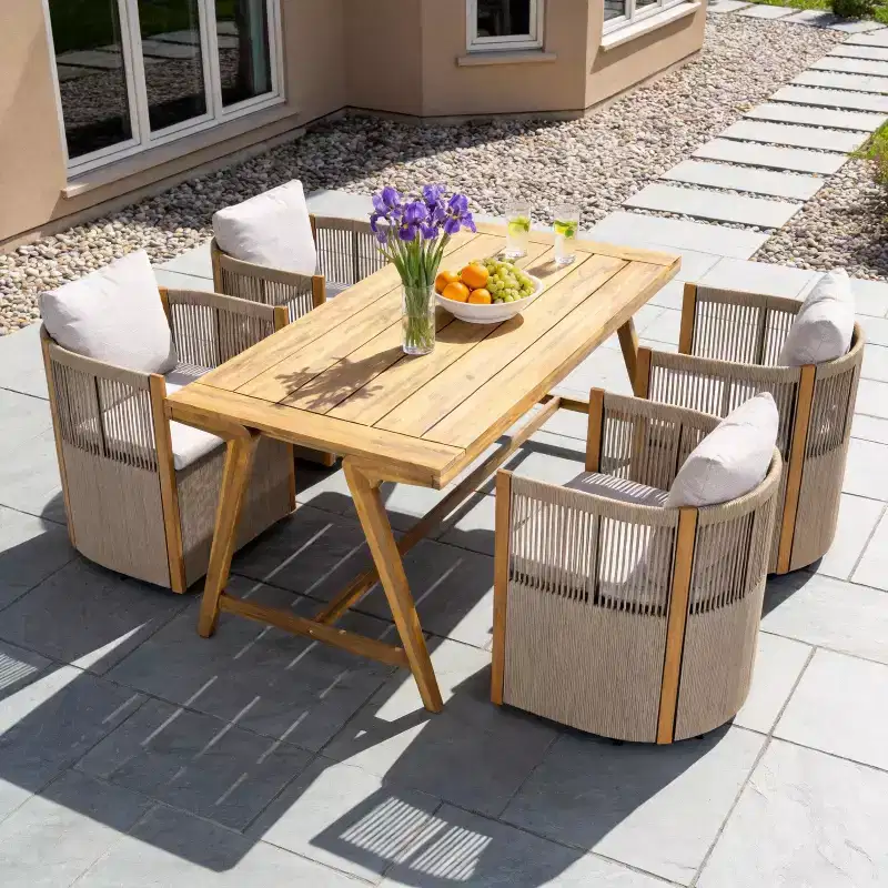 Christopher Knight Home Carter Patio Modern Acacia Wood 5-Piece Outdoor Dining Set with Rectangular Table and 4 Rope Swivel Chairs