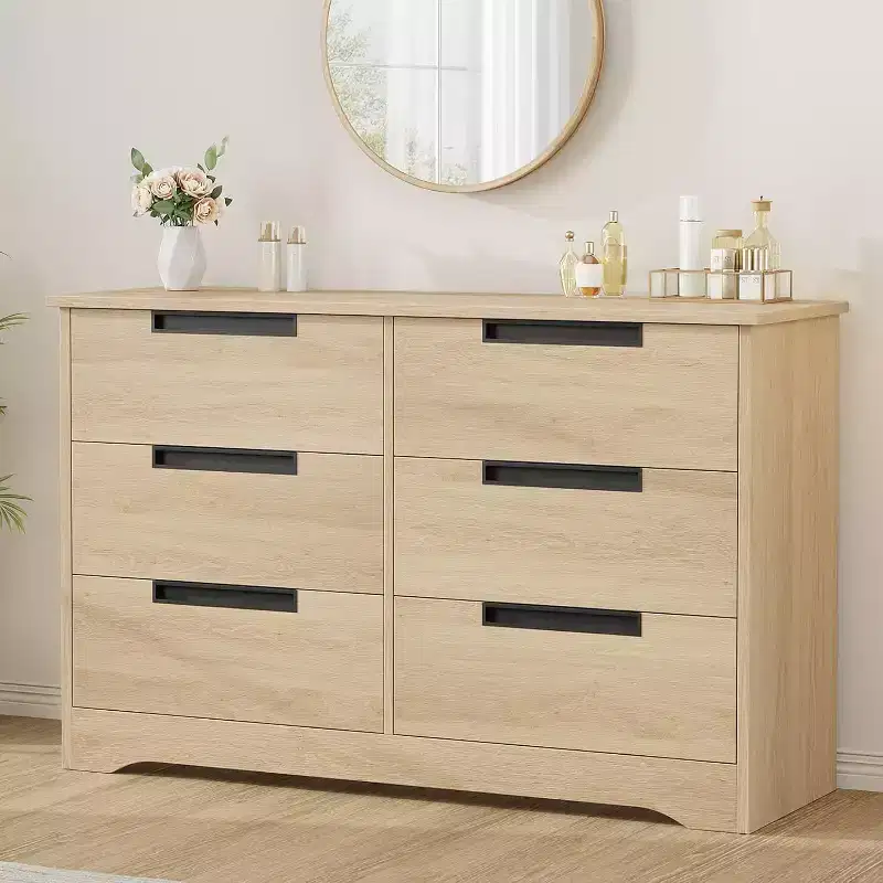 6-Drawer Double Dresser for Bedroom, Modern Gray Chest with Recessed Handles, Wooden Storage Organizer for Living Room, Nursery, Hallway, or Entryway