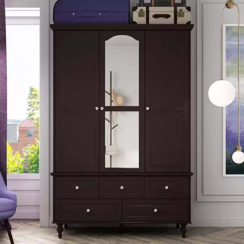 Wardrobe with Mirror 3 Doors 5 Drawers Classic Style