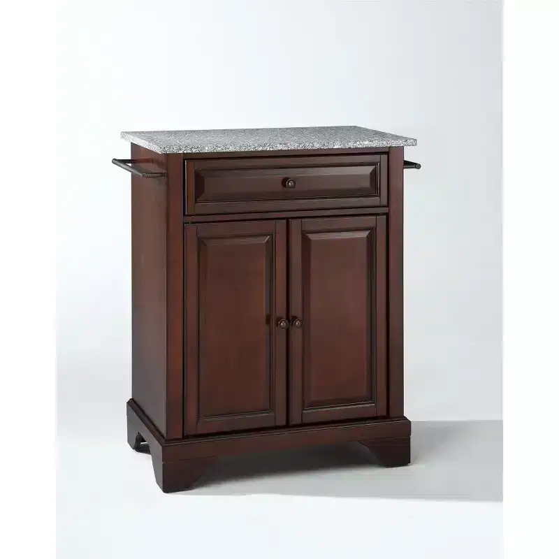 HomeStock Lafayette Granite Top Small Portable Rolling Kitchen Island Storage Cart, Microwave Stand, Black