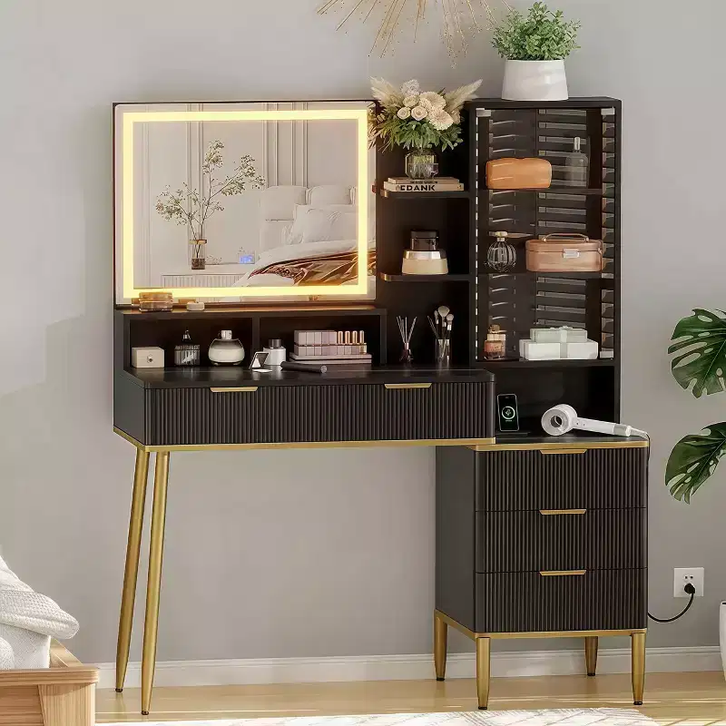 Vanity Desk with Mirror and Lights, Makeup Vanity with 5 Drawers & Shelves, 3-Color Lighting, Power Outlet, Dressing Table