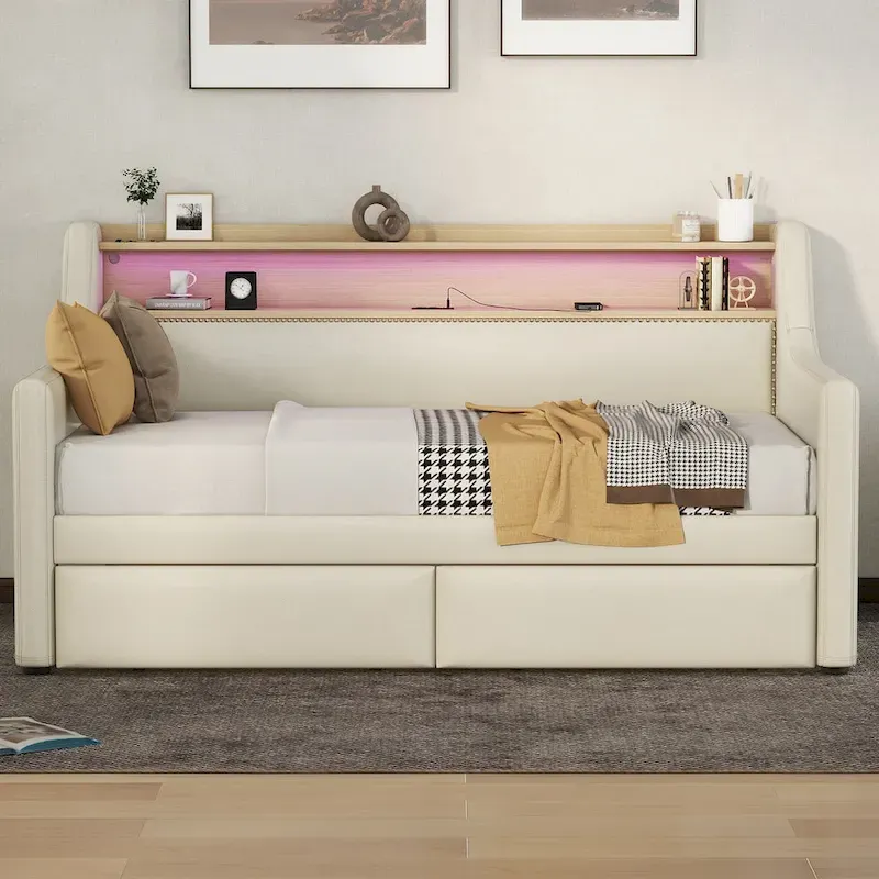 Twin Size Daybed with Storage Drawers and LED Lighting