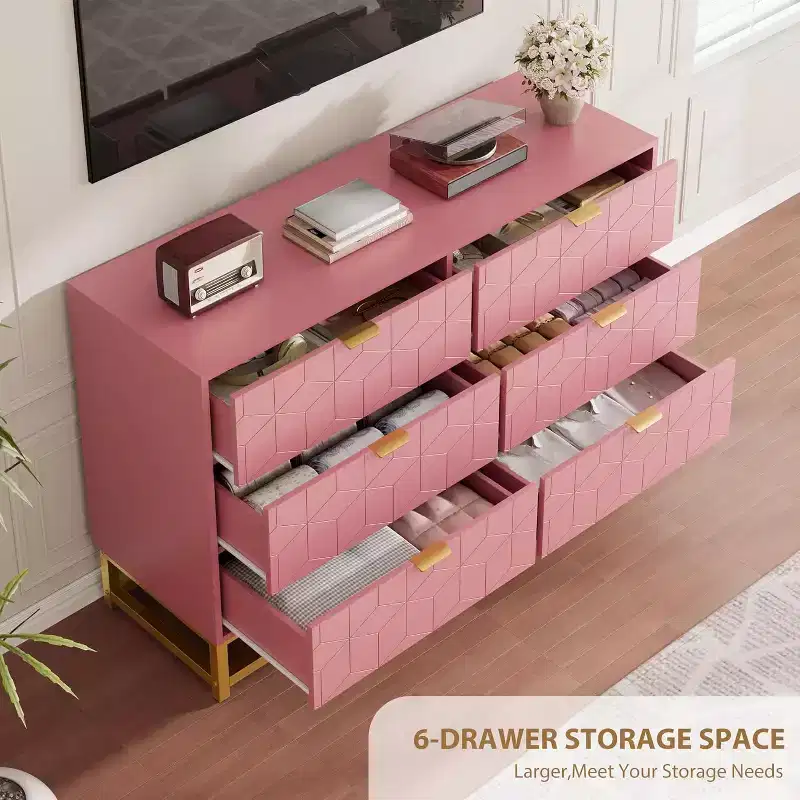 Modern 6-Drawer Dresser, Gold Handles Long Storage TV Stand
